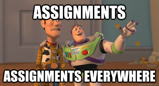 Toy Story meme where Buzz Lightyear says to Woody: Assignments Assignments Everywhere