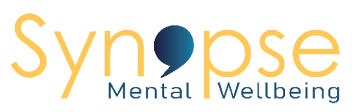Type face logo of Synapse Mental Wellbeing with the A using a stylised bubble icon that can represent a speech bubble, a comma or a semi colon.