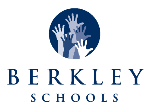 Berkley School District logo. Words: Berkley Schools. Graphic: five hands stretched upwards in a navy blue circle.