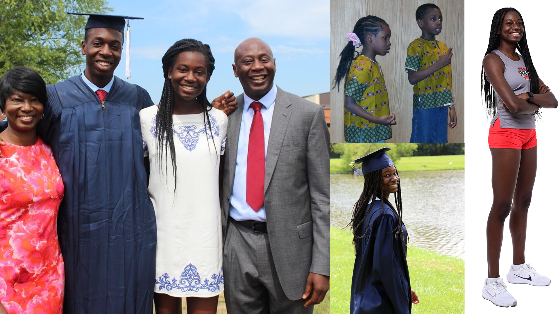 Several photos of Ebun Opata, including at her brother's graduation with their parents.