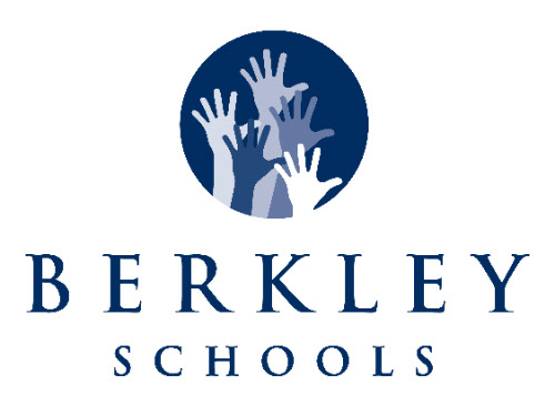 Berkley School District logo. Words: Berkley Schools. Graphic: five hands stretched upwards in a navy blue circle.