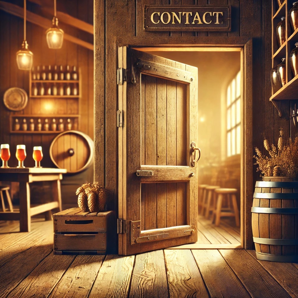 De afbeelding toont een warme, rustieke setting die een ambachtelijke brouwerij of gezellig café oproept. Een houten deur staat uitnodigend open en biedt een glimp naar een sfeervolle ruimte waar het zonlicht zacht naar binnen stroomt. Binnen zijn houten meubels, een tafel met glazen gevuld met amberkleurig bier, en een houten vat te zien. Langs de muur staan schappen met flessen, terwijl een houten vat en een krat met hop op de voorgrond de ambachtelijke sfeer versterken. De houten vloer en warme goudbruine tinten geven een gevoel van traditie en gastvrijheid, perfect passend bij een ambachtelijke brouwerij of horecagelegenheid. Het bordje "Contact" boven de deur nodigt bezoekers uit om verder te gaan en contact te zoeken.