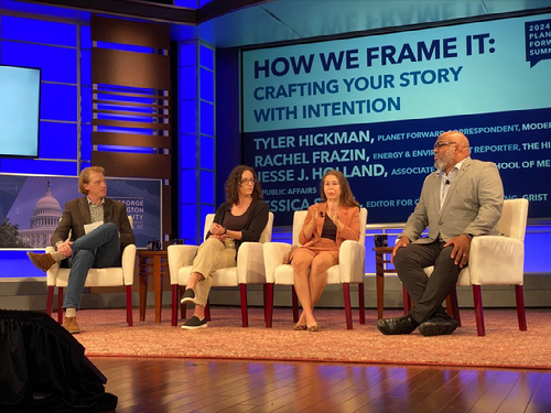 A photo of four panelists seated on a stage with the text 'How We Frame It, Craft Your Story With Intention' overlayed