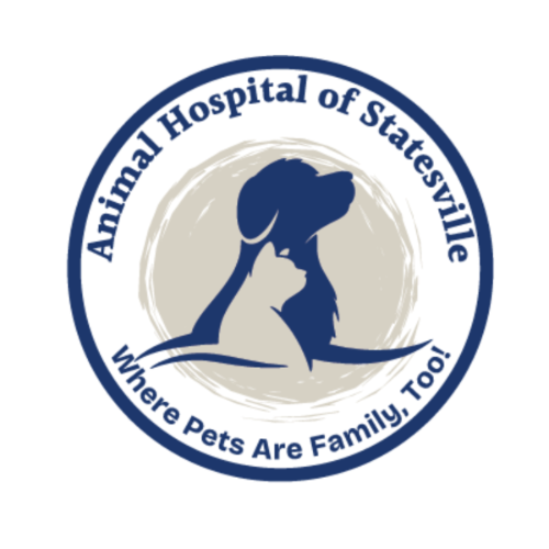 Dog and cat silhouettes surrounded by dark blue circle with a tan-colored sun-like shape behind. Words are Animal Hospital of Statesville, Where Pets are Family, Too!